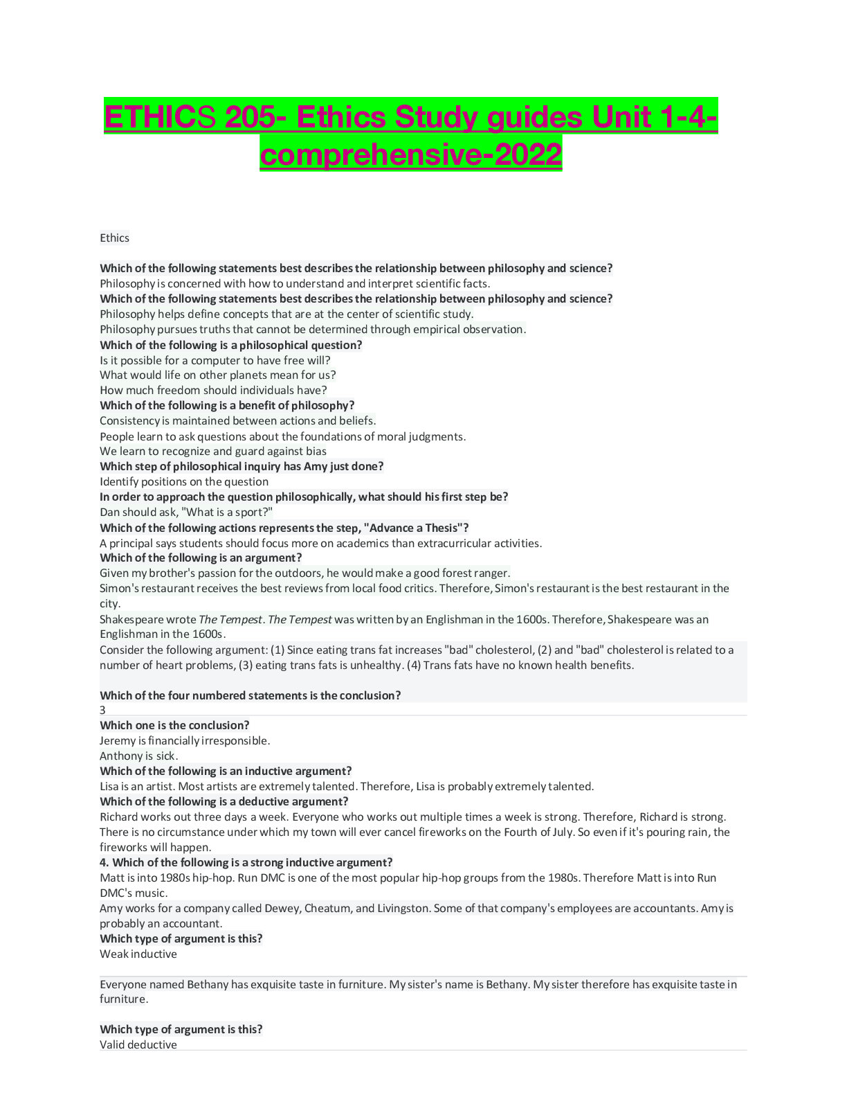 Preview of ETHICS 205- Ethics Study guides Unit 1-4-comprehensive-2022